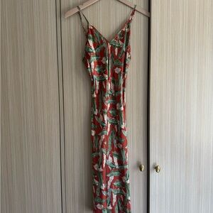 Silk Midi Dress in Red Banana Leaf Palm Print